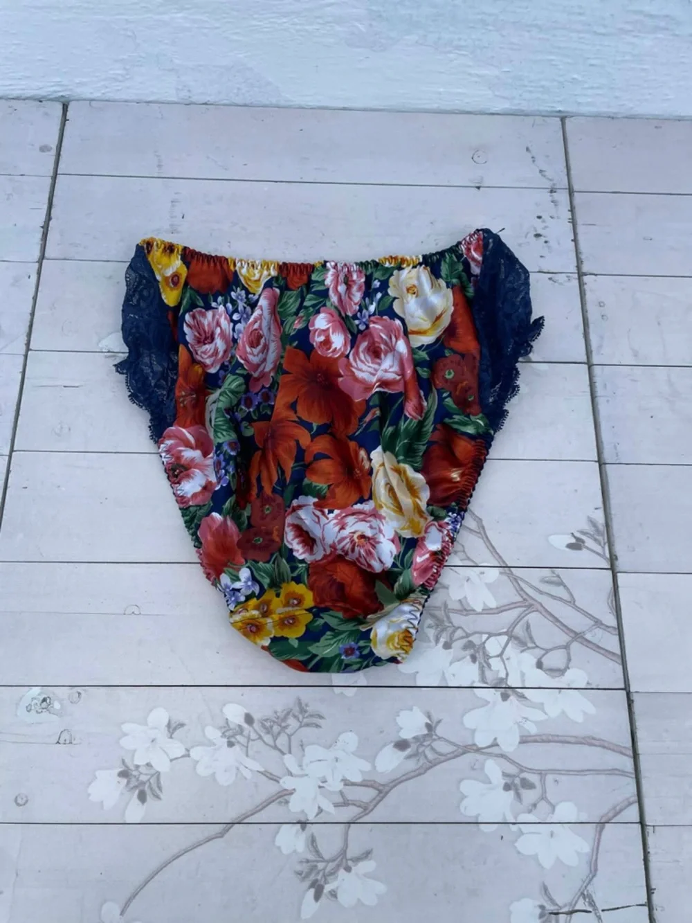 Oscar de la Renta Navy Floral Lace Trim Panties